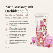 Vorteile der Bio Marine Massagelotion: Orchideenextrakt verleiht der Lotion einen zarten, blumigen Duftschleier, Pflanzenöle machen raue Hautpartien während der Massage sichtbar weicher, die samtige Textur gleitet lange und zieht danach vollständig ein, 180-ml-Tube für Massage und als reguläre Körperlotion