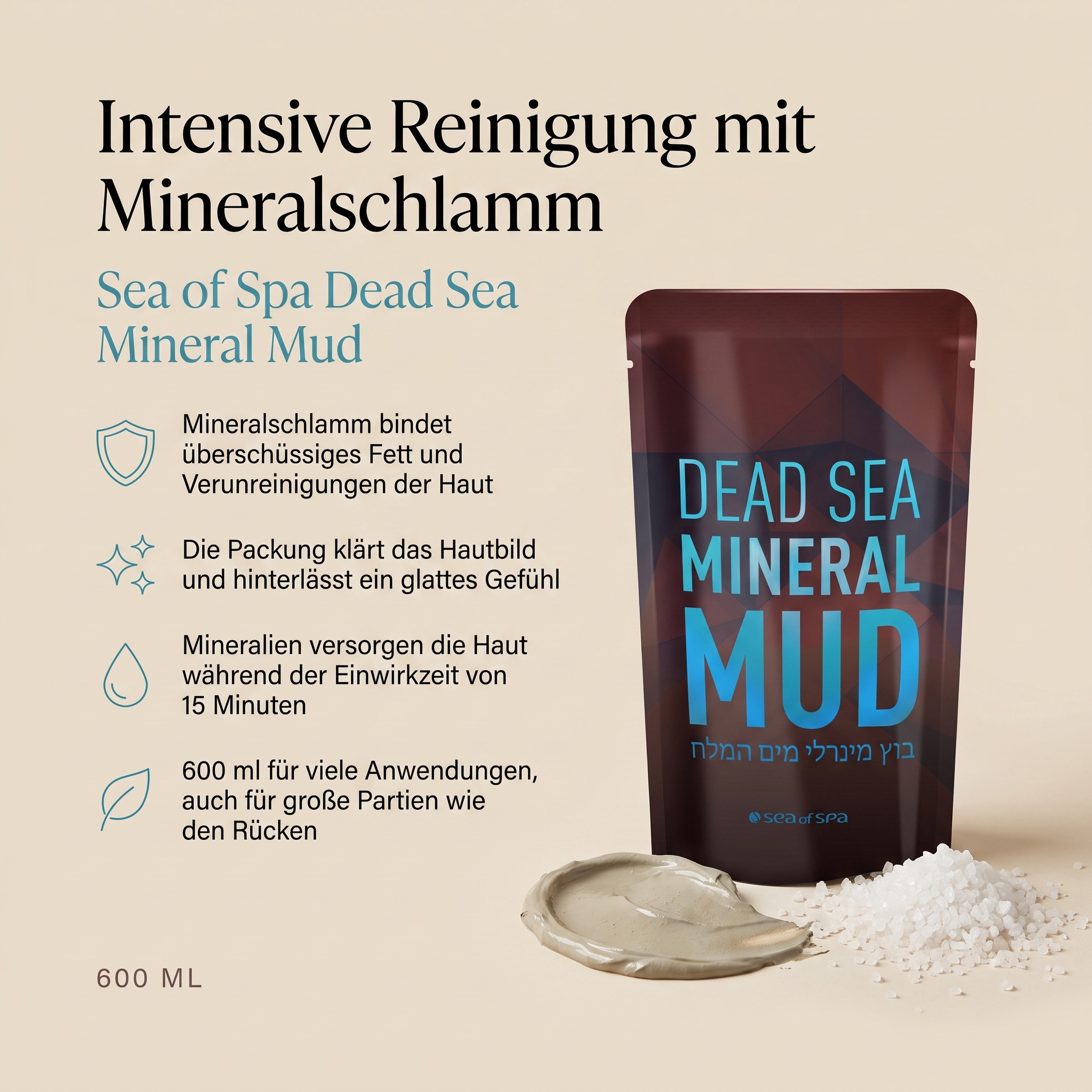 Vorteile der Sea of Spa Mineralschlamm-Körperpackung: Mineralschlamm reinigt die Haut tiefenwirksam, klärt und strafft das Hautbild sichtbar, großzügige 600-ml-Tube für Ganzkörperanwendungen, für Gesicht und Körper geeignet