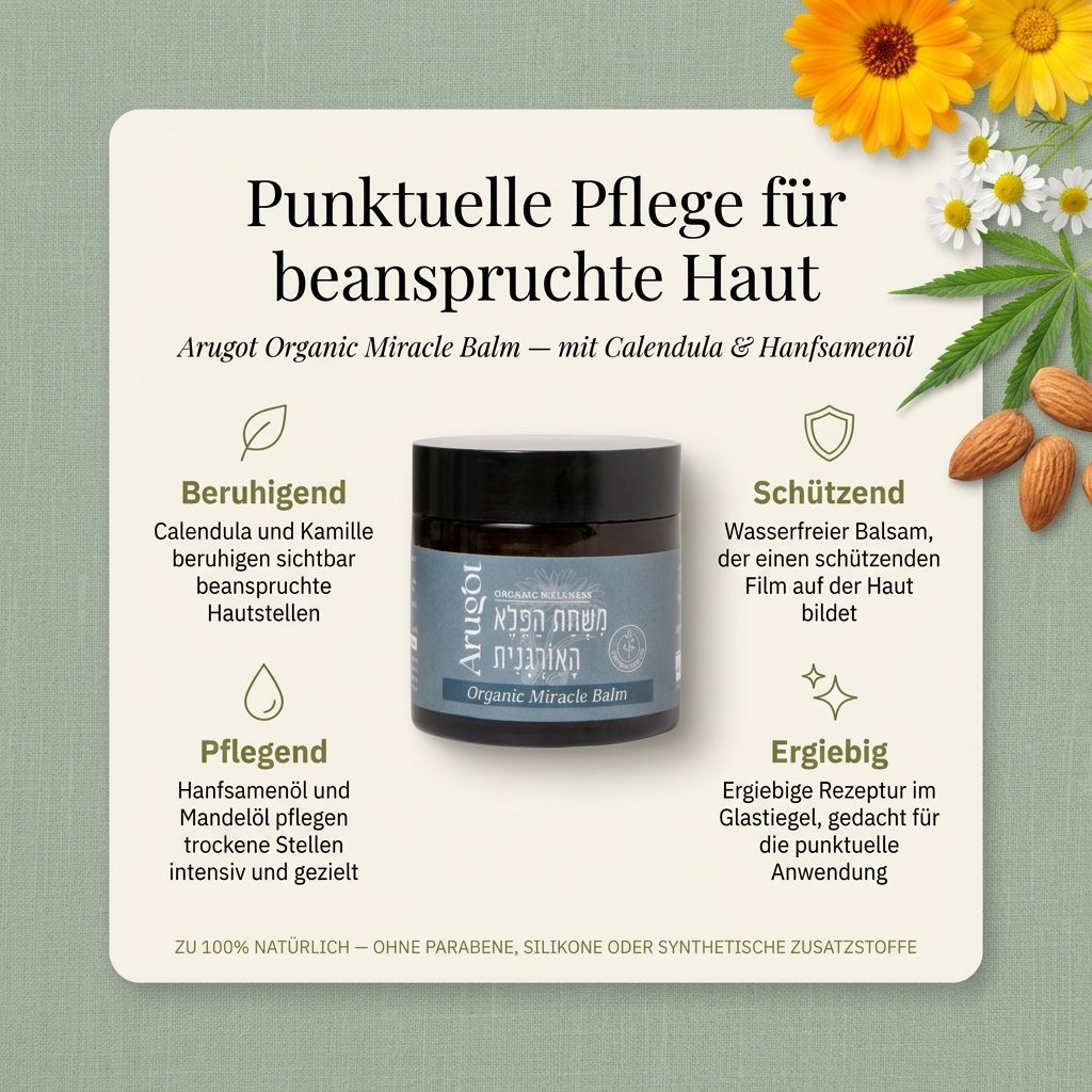 Vorteile des Arugot Pflegebalsams: Calendula und Kamille beruhigen sichtbar beanspruchte Hautstellen, Hanfsamenöl und Mandelöl pflegen trockene Stellen intensiv und gezielt, wasserfreier Balsam bildet einen schützenden Film auf der Haut, ergiebige Rezeptur im Glastiegel für die punktuelle Anwendung