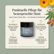 Vorteile des Arugot Pflegebalsams: Calendula und Kamille beruhigen sichtbar beanspruchte Hautstellen, Hanfsamenöl und Mandelöl pflegen trockene Stellen intensiv und gezielt, wasserfreier Balsam bildet einen schützenden Film auf der Haut, ergiebige Rezeptur im Glastiegel für die punktuelle Anwendung