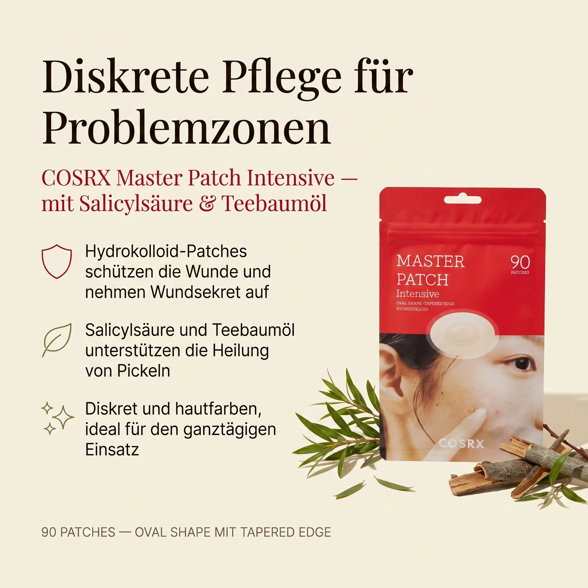 Vorteile der COSRX Pickel Patches: Hydrokolloid schützt die Haut, Salicylsäure und Teebaumöl unterstützen die Heilung, diskret und hautfarben