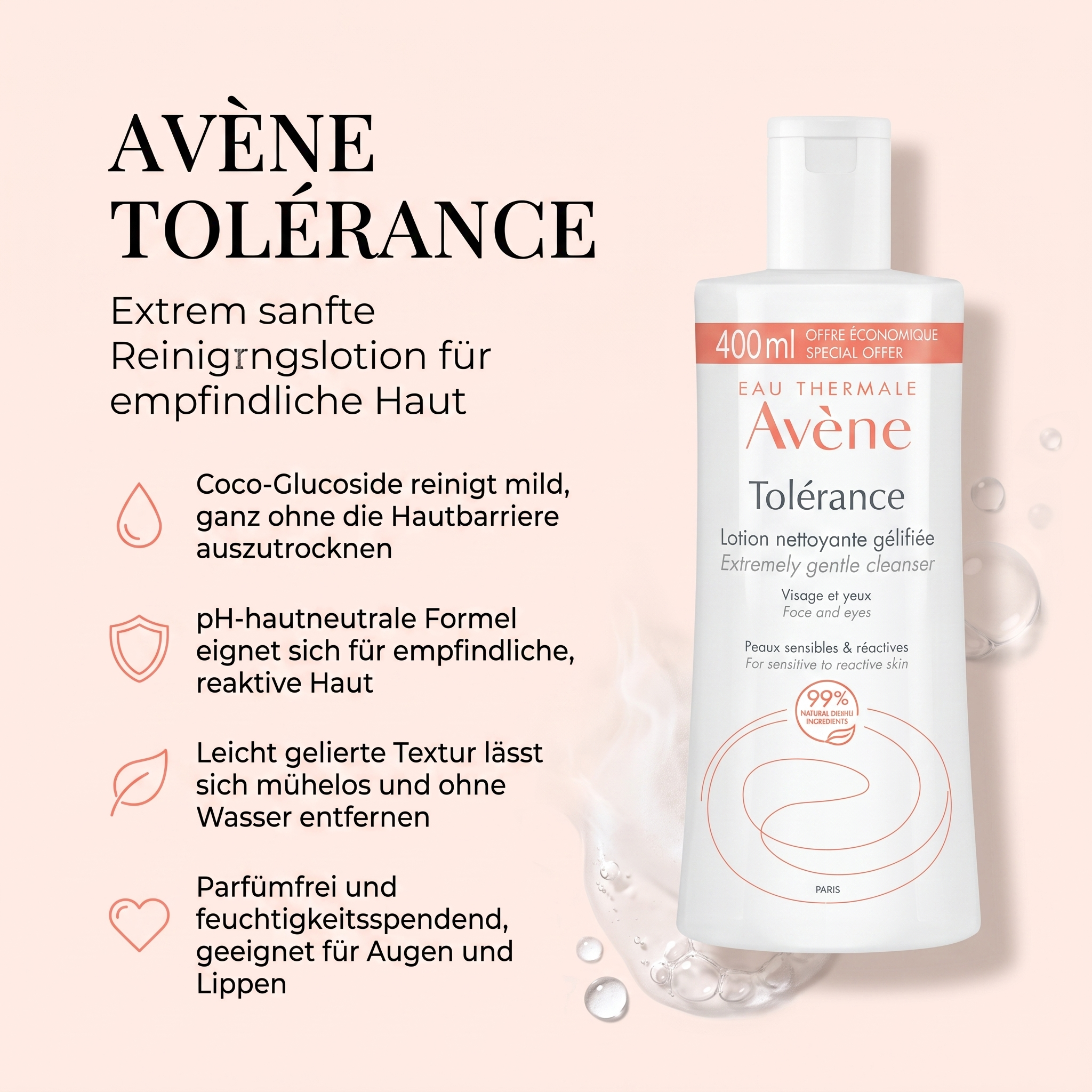 Vorteile der Avène Reinigungslotion: Coco-Glucoside reinigt mild, pH-hautneutrale Formel für empfindliche Haut, gelierte Textur ohne Abspülen, parfümfrei für Augen und Lippen geeignet