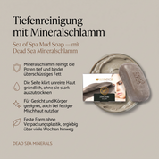 Vorteile der Sea of Spa Schlammseife: Mineralschlamm reinigt die Poren tief und bindet überschüssiges Fett, klärt unreine Haut gründlich ohne sie auszutrocknen, für Gesicht und Körper geeignet, auch bei fettiger Mischhaut nutzbar