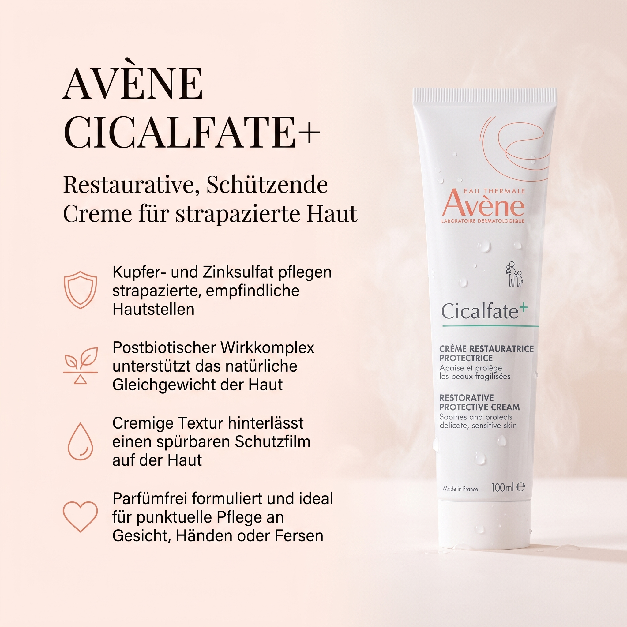 Vorteile der Avène Schutzcreme: Kupfer- und Zinksulfat pflegen strapazierte Haut, postbiotischer Wirkkomplex, cremiger Schutzfilm, parfümfrei für punktuelle Pflege