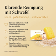 Vorteile der Sea of Spa Schwefelseife: Schwefel klärt unreine Haut und mattiert glänzende Partien sichtbar, Mineralien pflegen die Haut während der Reinigung gleichzeitig mit, eignet sich für Gesicht und Körper, auch zur täglichen Anwendung, feste Form ohne Verpackungsplastik, ergiebig über viele Wochen