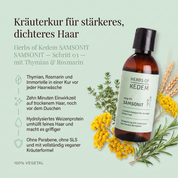 Vorteile des Kedem Kräutershampoos: Thymian, Rosmarin und Immortelle in einer Kur vor jeder Haarwäsche, zehn Minuten Einwirkzeit auf trockenem Haar, hydrolysiertes Weizenprotein macht feines Haar griffiger, ohne Parabene und SLS