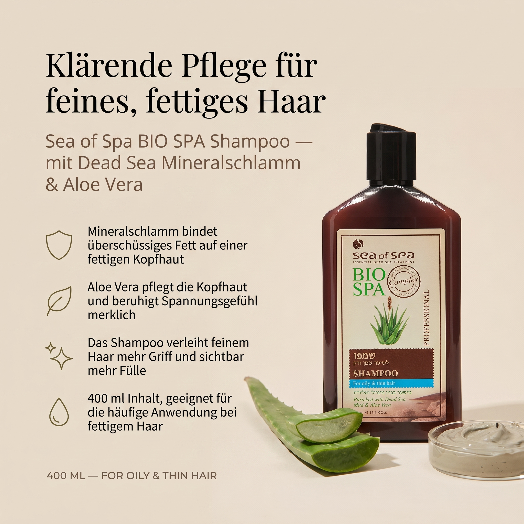 Vorteile des Sea of Spa Shampoos: Mineralschlamm bindet überschüssiges Fett auf fettiger Kopfhaut, Aloe Vera pflegt die Kopfhaut und beruhigt Spannungsgefühl, verleiht feinem Haar mehr Griff und Fülle, 400 ml für die häufige Anwendung