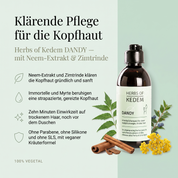 Vorteile des Kedem Shampoos: Neem-Extrakt und Zimtrinde klären die Kopfhaut gründlich und sanft, Immortelle und Myrte beruhigen eine strapazierte Kopfhaut, zehn Minuten Einwirkzeit auf trockenem Haar, ohne Parabene, Silikone und SLS