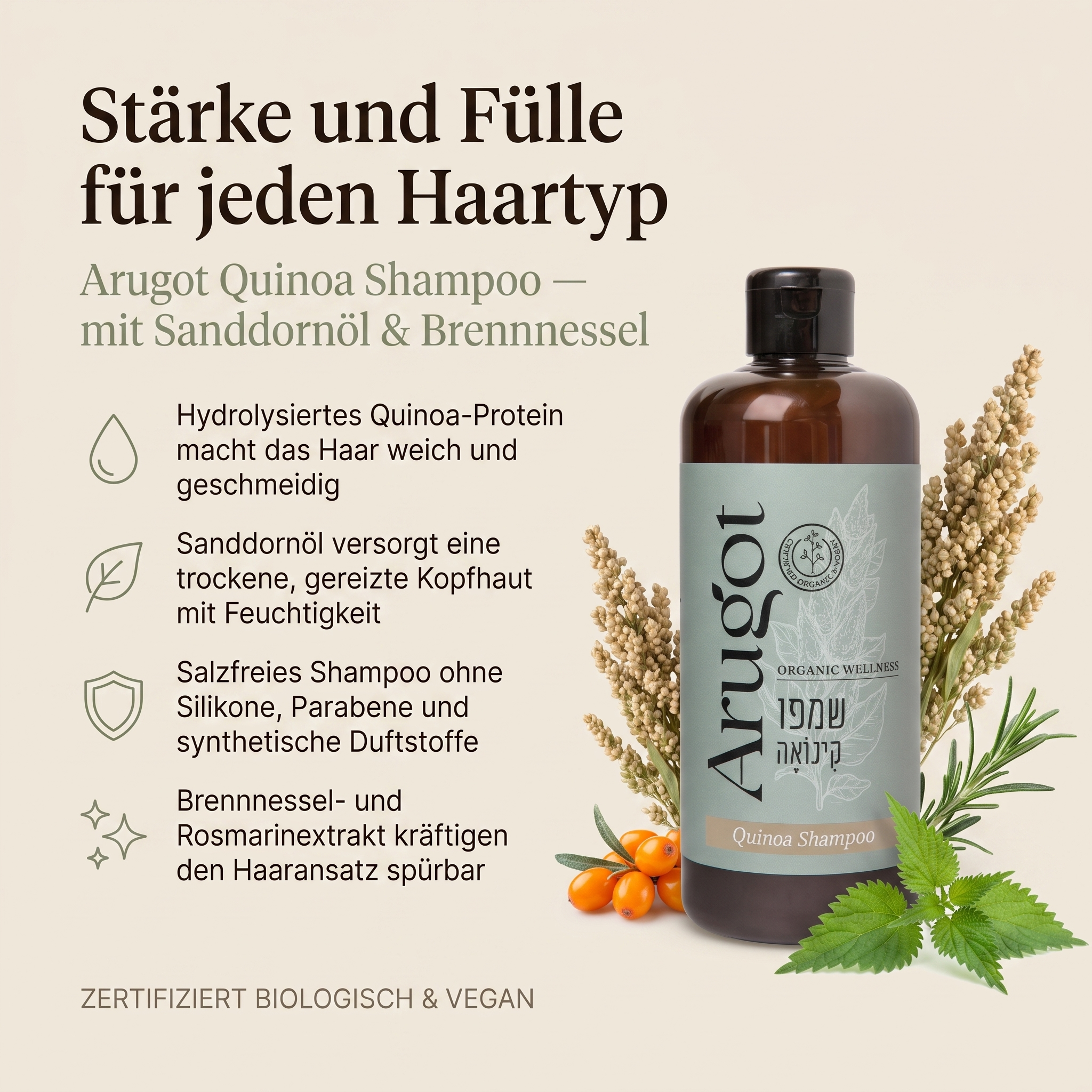 Vorteile des Arugot Quinoa Shampoos: hydrolysiertes Quinoa-Protein macht das Haar weich und geschmeidig, Sanddornöl versorgt eine trockene, gereizte Kopfhaut mit Feuchtigkeit, salzfreies Shampoo ohne Silikone und Parabene, Brennnessel- und Rosmarinextrakt kräftigen den Haaransatz