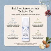 Vorteile der Arugot Sonnencreme: mineralischer Filter aus Zinkoxid ohne Nanopartikel schützt vor UVA und UVB, Astaxanthin aus Rotalgen unterstützt die Haut als starkes Antioxidans, Arganöl und Sheabutter pflegen die Haut während des Sonnenschutzes, LSF 30 für das Gesicht im Alltag und auf Reisen