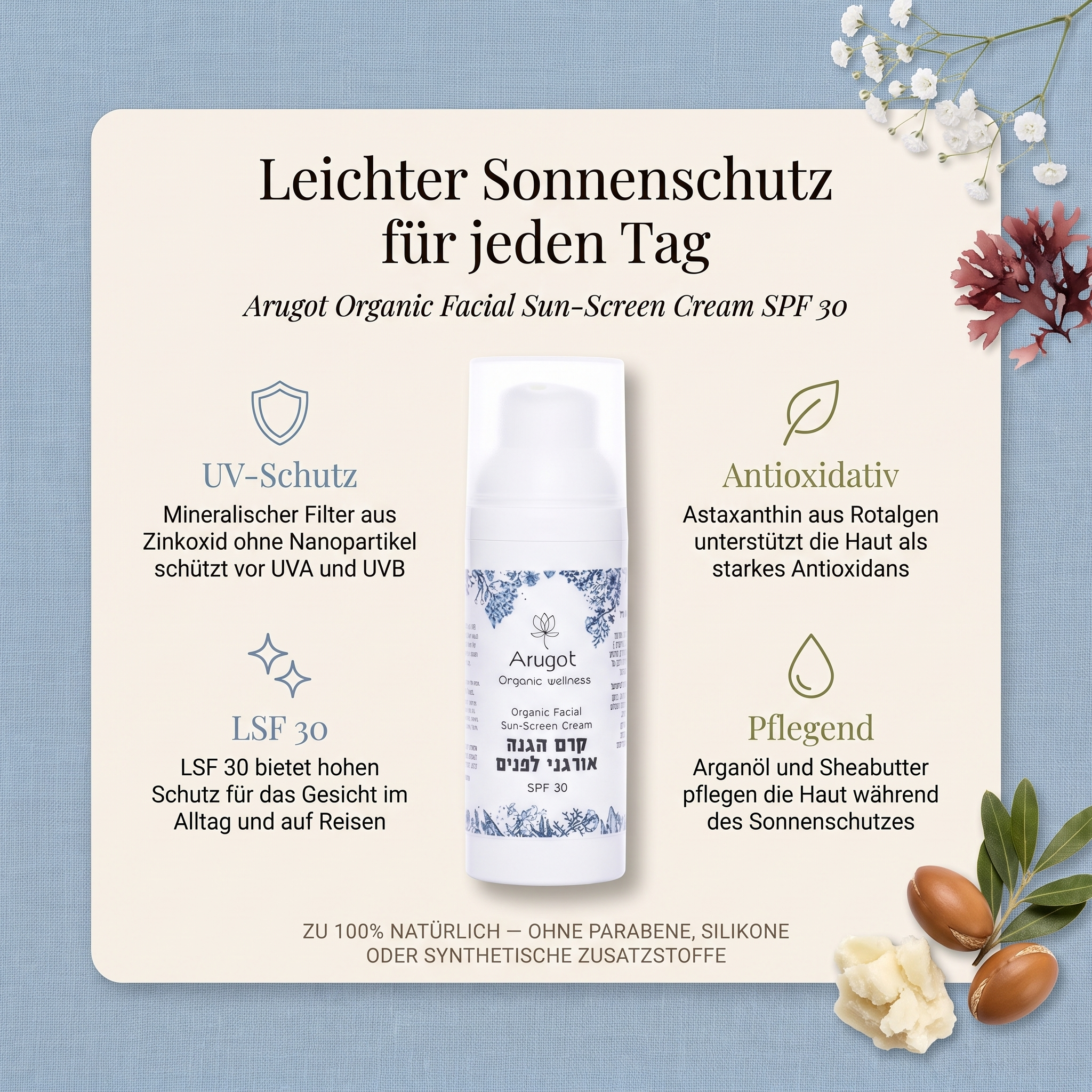 Vorteile der Arugot Sonnencreme: mineralischer Filter aus Zinkoxid ohne Nanopartikel schützt vor UVA und UVB, Astaxanthin aus Rotalgen unterstützt die Haut als starkes Antioxidans, Arganöl und Sheabutter pflegen die Haut während des Sonnenschutzes, LSF 30 für das Gesicht im Alltag und auf Reisen