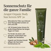 Vorteile der Arugot Sonnencreme: mineralischer Filter aus Zinkoxid ohne Nanopartikel schützt vor UVA und UVB, LSF 30 bietet hohen Schutz für große Körperflächen bei langen Tagen im Freien, für Kinder ab einem Jahr geeignet laut Angabe des Herstellers, Arganöl und Grüntee-Extrakt pflegen die Haut beim Sonnenschutz mit