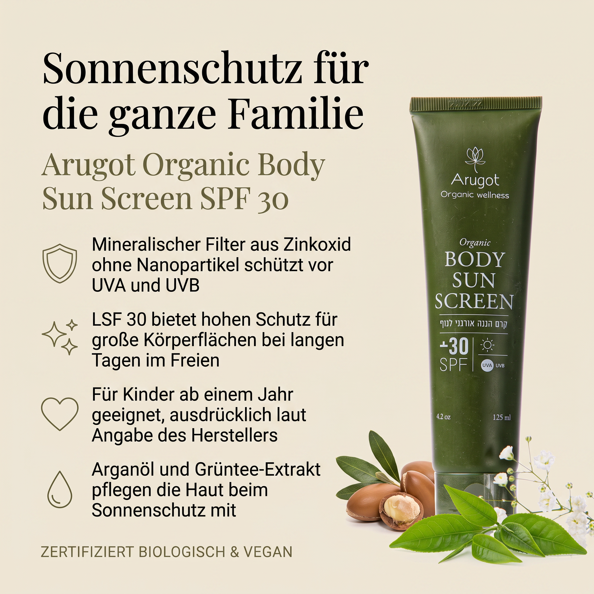 Vorteile der Arugot Sonnencreme: mineralischer Filter aus Zinkoxid ohne Nanopartikel schützt vor UVA und UVB, LSF 30 bietet hohen Schutz für große Körperflächen bei langen Tagen im Freien, für Kinder ab einem Jahr geeignet laut Angabe des Herstellers, Arganöl und Grüntee-Extrakt pflegen die Haut beim Sonnenschutz mit