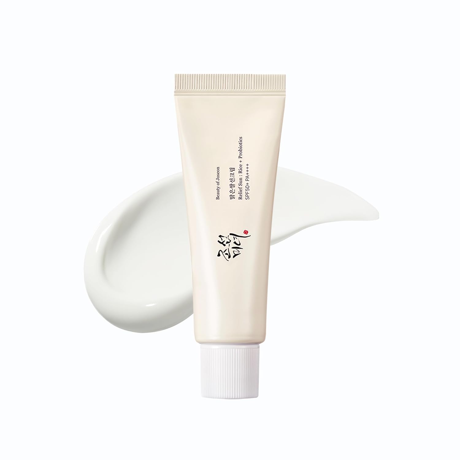 Beauty of Joseon Sonnencreme LSF 50 mit Reisextrakt und Probiotika, Tube mit Textur-Swatch