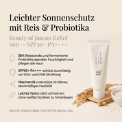 Vorteile der Beauty of Joseon Sonnencreme: 30% Reisextrakt und Probiotika spenden Feuchtigkeit, LSF 50+ PA++++ schützt vor UV-Strahlung, Niacinamid für ein klares Hautbild