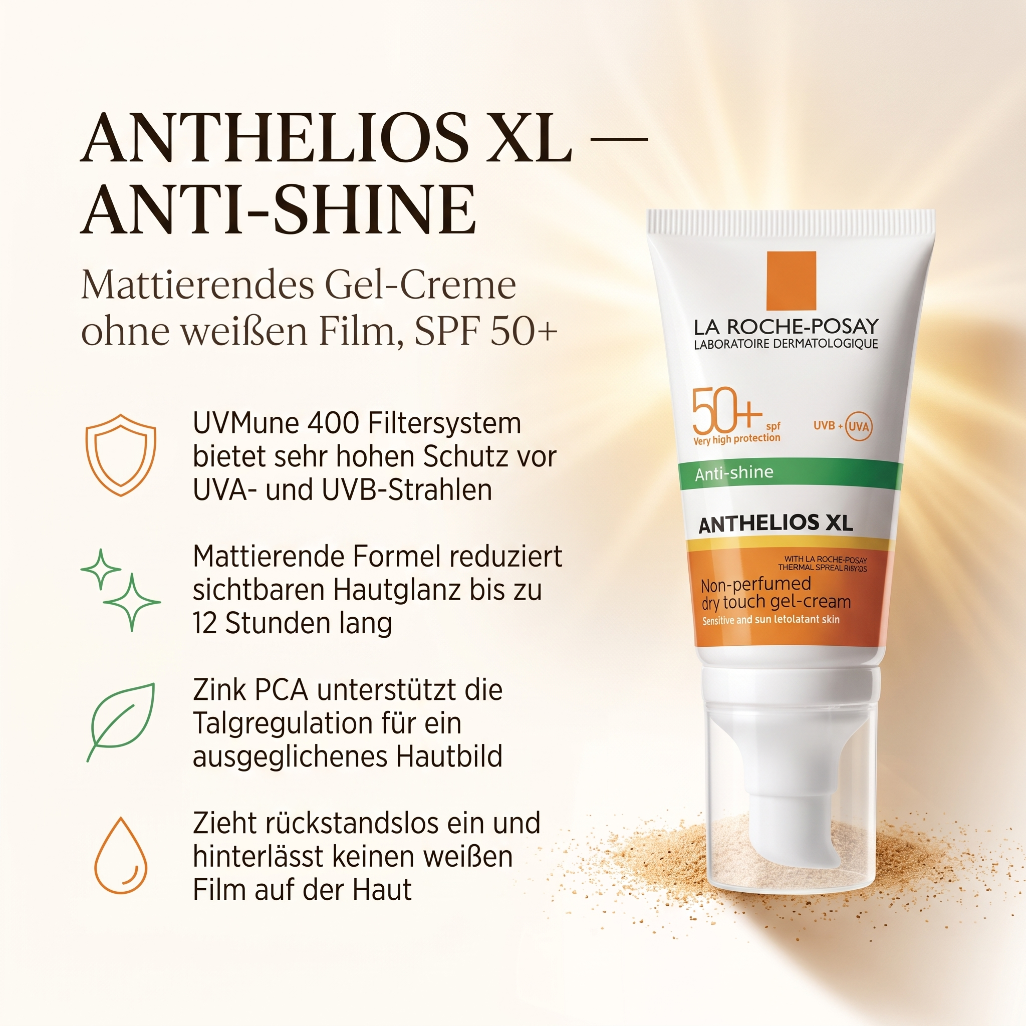 Vorteile der La Roche-Posay Sonnencreme mattierend: UVMune 400 Filtersystem für hohen UV-Schutz, mattierende Formel bis zu 12 Stunden, Zink PCA reguliert Talg, zieht rückstandslos ein