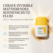 Vorteile des CeraVe Sonnenfluids: LSF 50+ mit vier UV-Filtern für hohen Schutz, Niacinamid und Ceramide stärken die Hautbarriere, nicht komedogen als Make-up-Grundlage, parfümfrei für empfindliche Haut