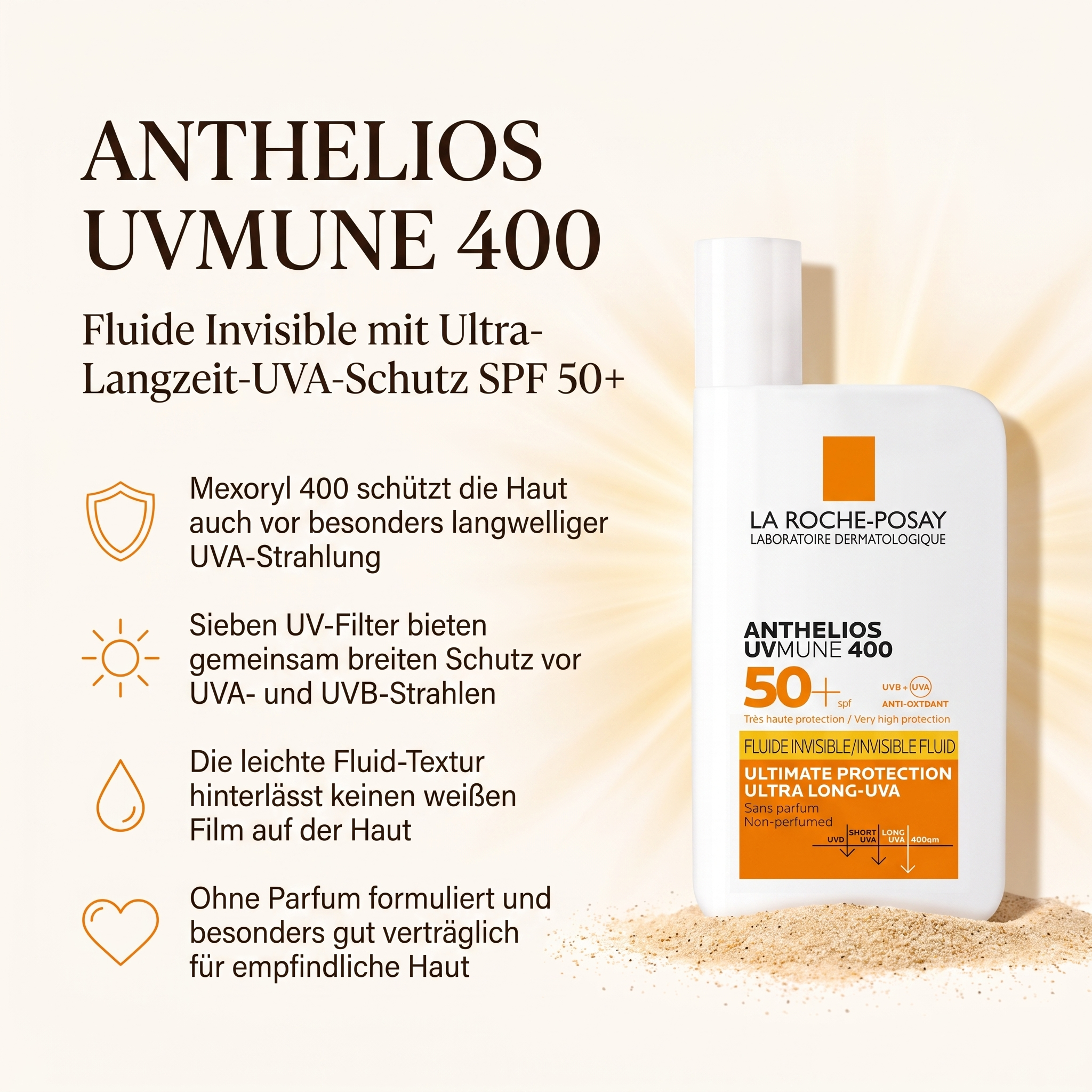 Vorteile des La Roche-Posay Sonnenfluids: Mexoryl 400 schützt vor langwelliger UVA-Strahlung, sieben UV-Filter für breiten Schutz, leichte Fluid-Textur ohne weißen Film, ohne Parfum für empfindliche Haut