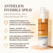 Vorteile des La Roche-Posay Sonnensprays: Breitband-Filtersystem mit Avobenzone und Octocrylene, wasser- und sandresistent, feine Sprühdüse für gleichmäßige Verteilung, geeignet für Gesicht und Körper