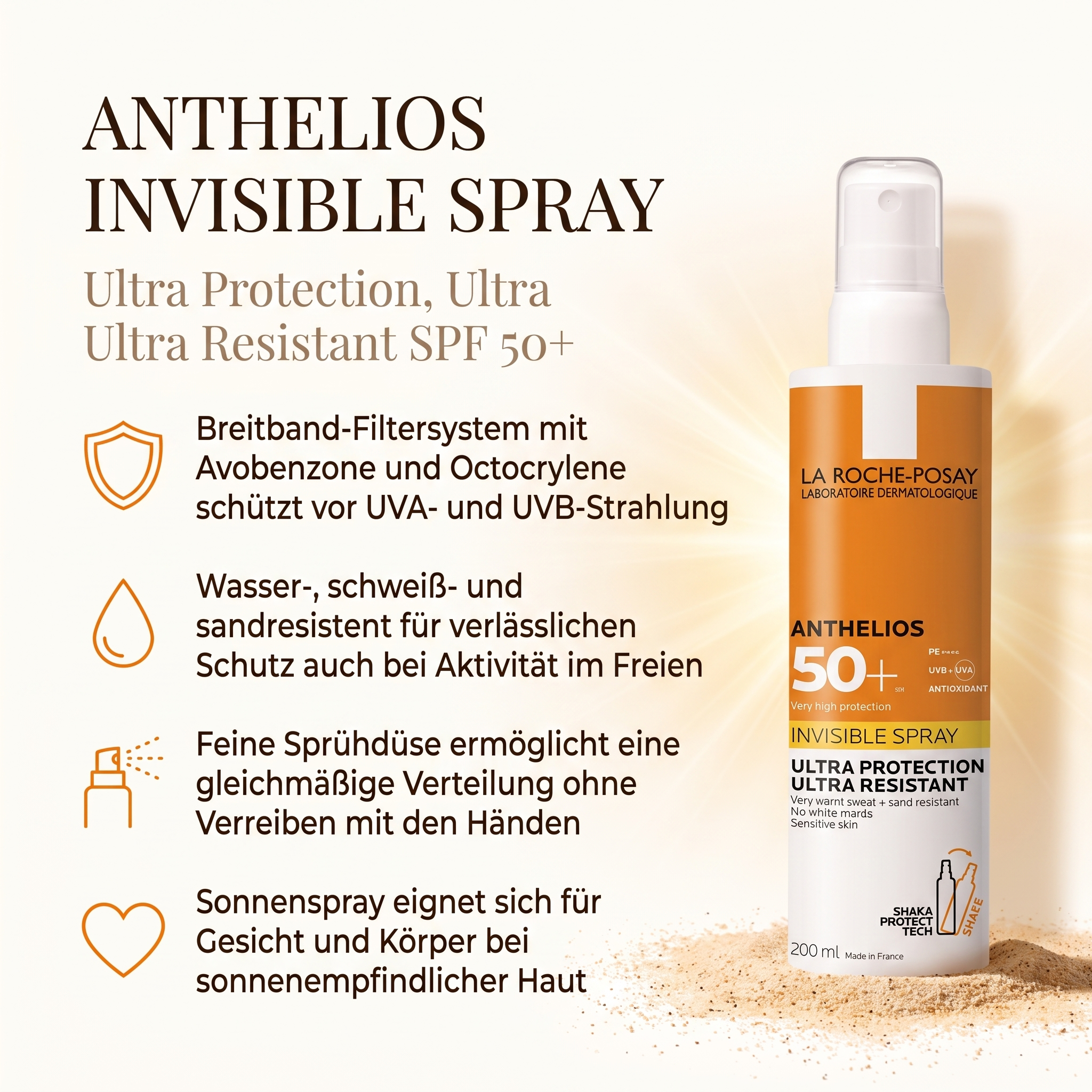Vorteile des La Roche-Posay Sonnensprays: Breitband-Filtersystem mit Avobenzone und Octocrylene, wasser- und sandresistent, feine Sprühdüse für gleichmäßige Verteilung, geeignet für Gesicht und Körper