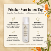 Vorteile der Arugot Tagescreme: Schneeglöckchen-Extrakt sorgt für ein gleichmäßigeres und frischeres Hautbild, Zinkoxid schirmt die Haut im Alltag sichtbar gegen Umwelteinflüsse ab, Vitaminkomplex und Karotinoide unterstützen die Haut als Antioxidantien, leichte Tagescreme für reife Haut, die schnell einzieht