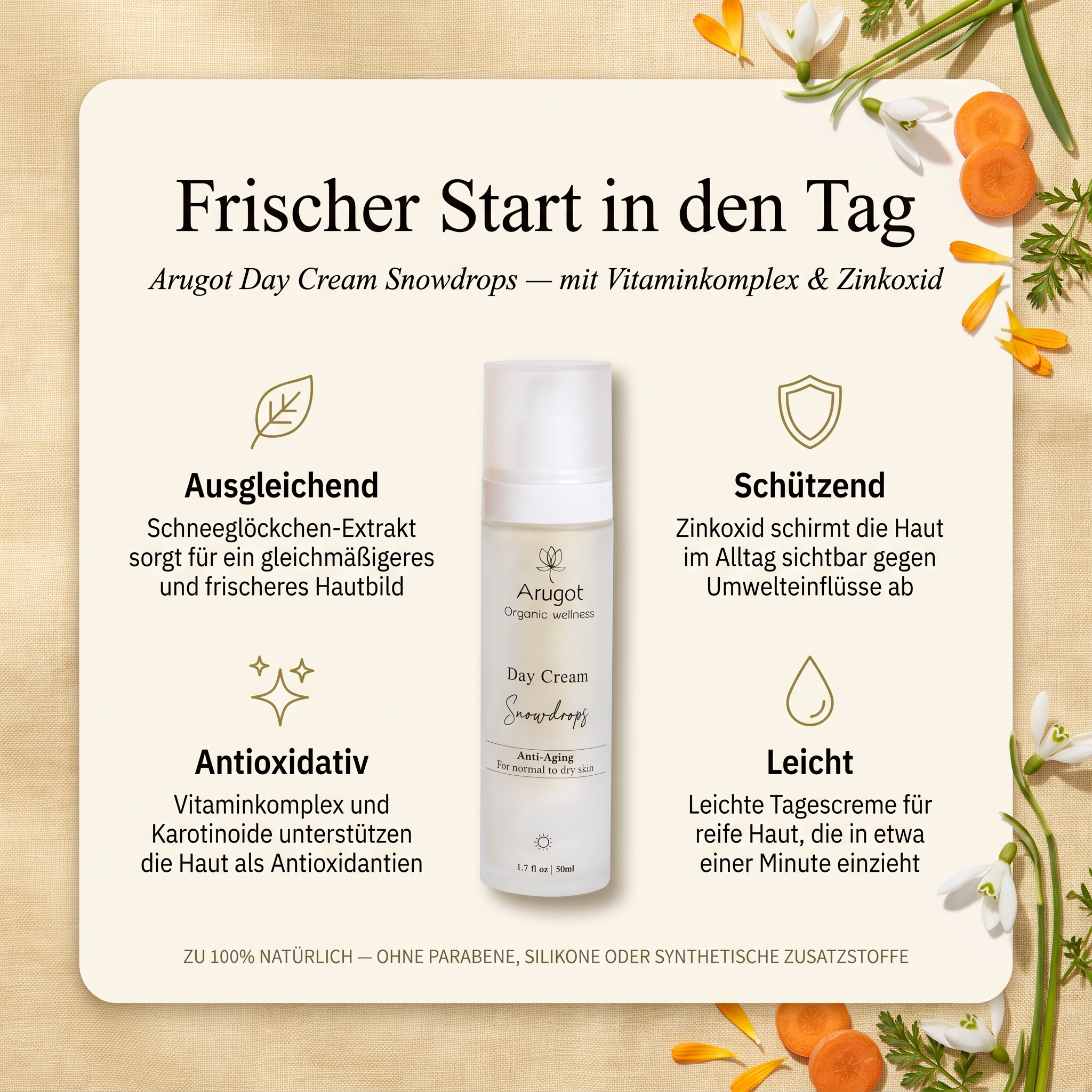 Vorteile der Arugot Tagescreme: Schneeglöckchen-Extrakt sorgt für ein gleichmäßigeres und frischeres Hautbild, Zinkoxid schirmt die Haut im Alltag sichtbar gegen Umwelteinflüsse ab, Vitaminkomplex und Karotinoide unterstützen die Haut als Antioxidantien, leichte Tagescreme für reife Haut, die schnell einzieht