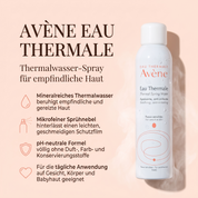 Vorteile des Avène Thermalwasser Sprays: mineralreiches Wasser beruhigt empfindliche Haut, mikrofeiner Sprühnebel, pH-neutrale Formel ohne Zusatzstoffe, für Gesicht, Körper und Babyhaut geeignet