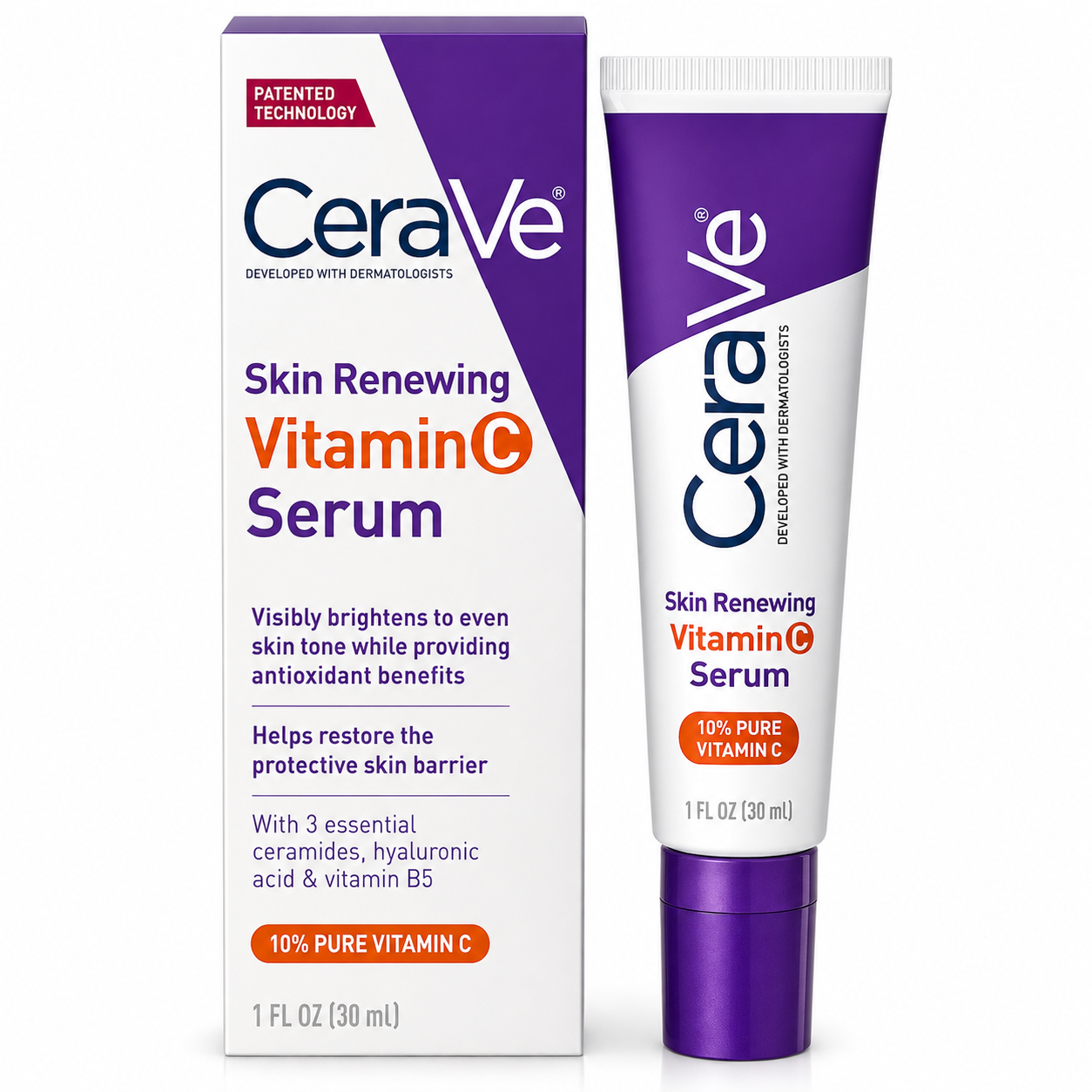 CeraVe Skin Renewing Vitamin C Serum aufhellend mit Hyaluron, Tube und Verpackung, 30 ml