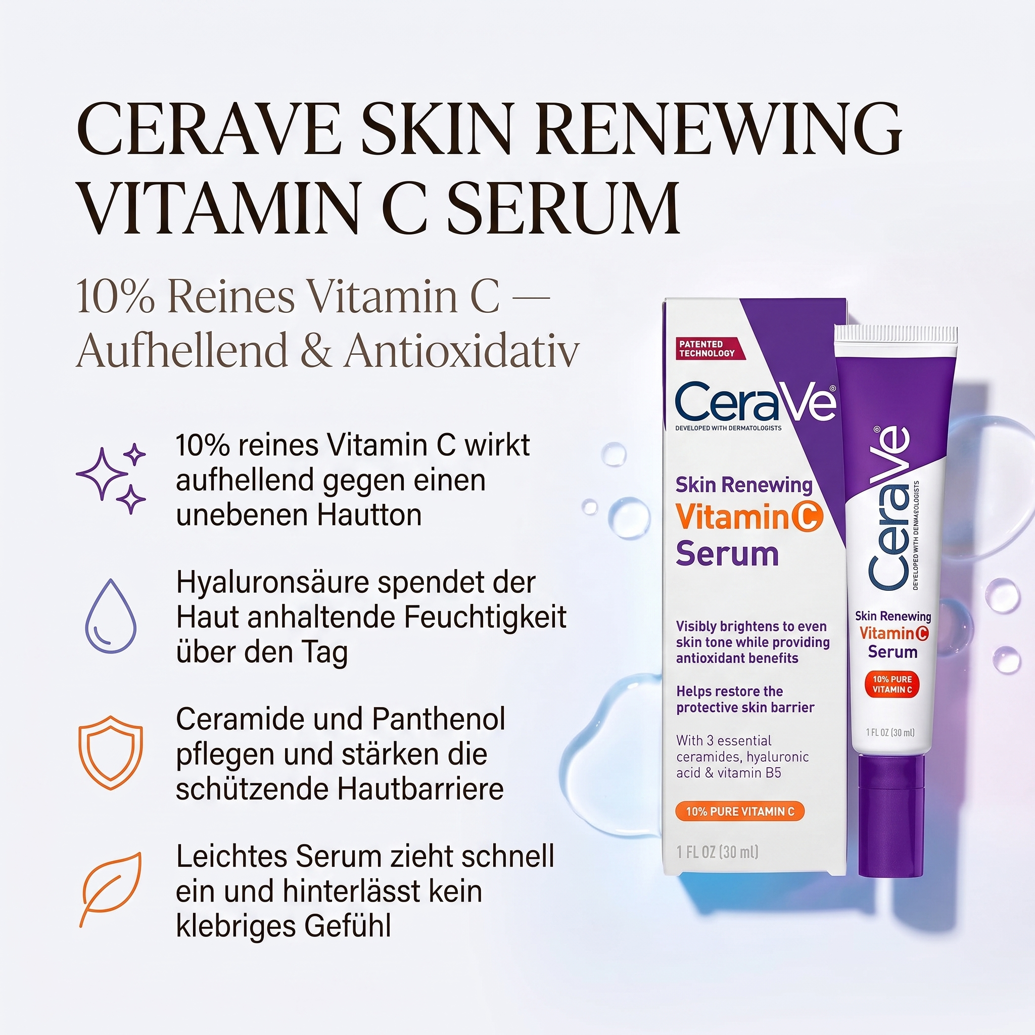 Vorteile des CeraVe Vitamin C Serums: 10% reines Vitamin C wirkt aufhellend, Hyaluronsäure spendet Feuchtigkeit, Ceramide und Panthenol stärken die Hautbarriere, leichtes Serum ohne klebriges Gefühl